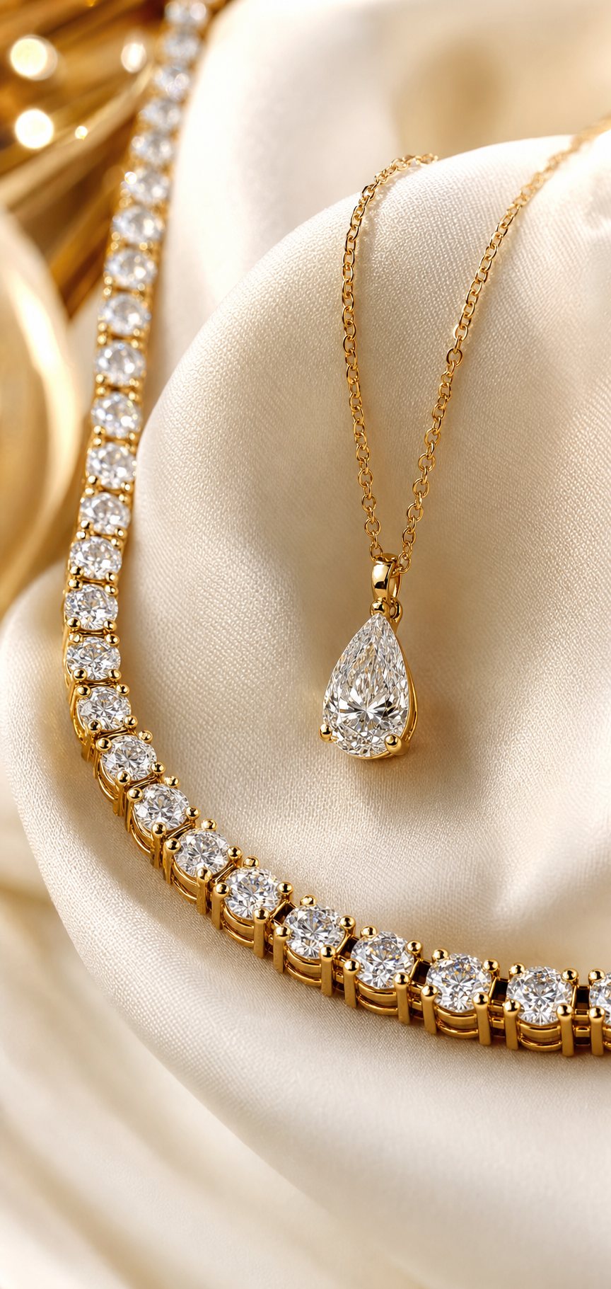 A diamond riviera necklace and pear pendant on ivory silk