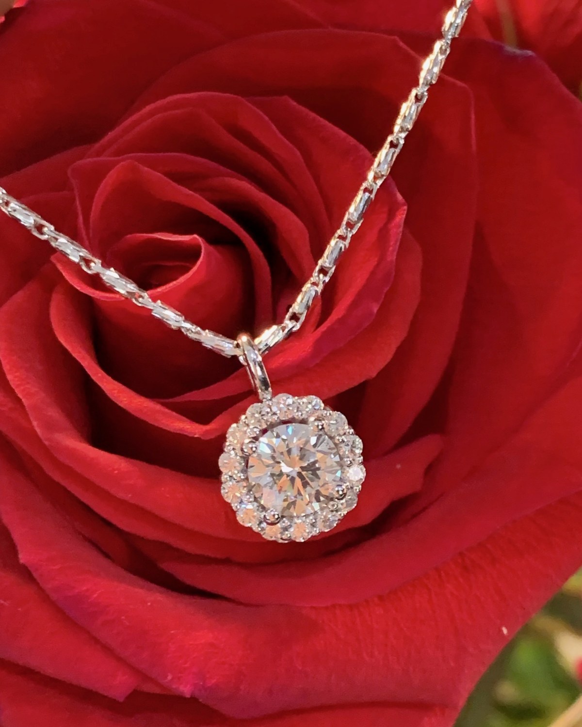 Detail of the round floral diamond cluster pendant, petals and center stone filling the frame