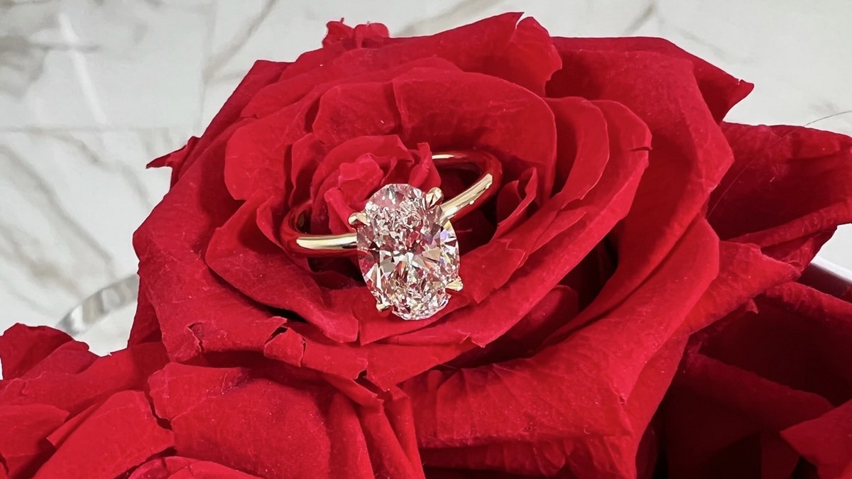 Oval diamond solitaire in yellow gold set among red roses on marble, photographed wide