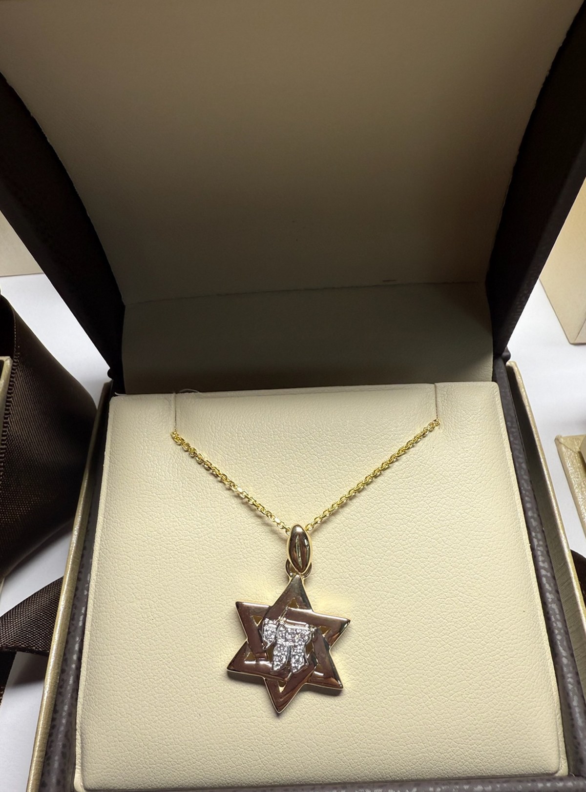 Yellow gold Star of David with a pavé diamond Chai center on a rope chain, in its presentation box